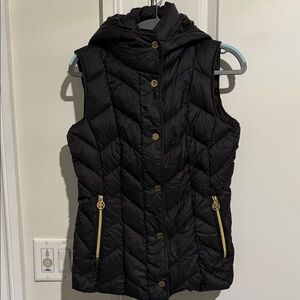 Michael Kors Black Hooded Puffer Vest with Gold Accents